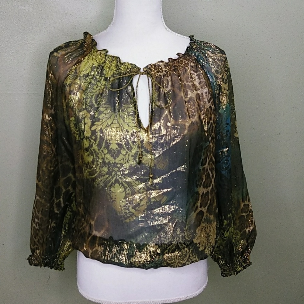Silk & Lurex Sheer Tapestry Print Top -  S -  EUC